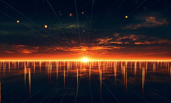 Futuristic Digital Landscape at Sunset