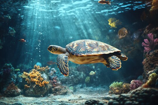 Sea Turtle Swimming in Ocean - Powered by Adobe