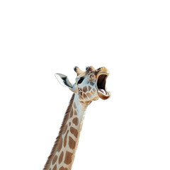 A giraffe with an open mouth isolated on transparent background.
