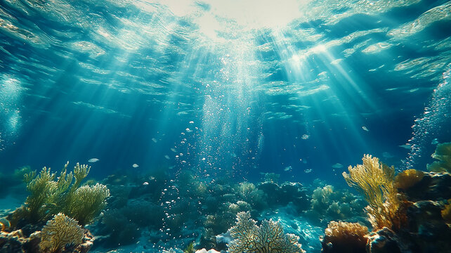 Sunlight filtering through clear blue ocean water.
Beautiful shallow coral garden with bubbles rising.
Colorful fish swimming over a healthy reef. - Powered by Adobe