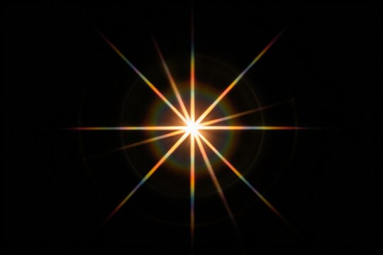 A bright, glowing star shines in the darkness, with rays extending outward. Golden light a striking and  light star, rays bright, rays, starburst.