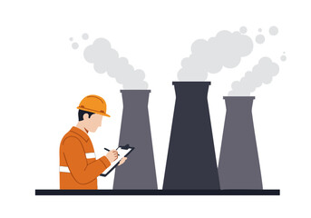 A record monitor observes industrial smokestacks. A worker in a safety vest documents emissions, highlighting environmental monitoring. Clean, modern illustration.