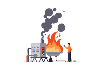 A stylized illustration depicts a man monitoring waves of fire emanating from a building. Modern, graphic design style. Focus on visual impact and dynamic energy.
