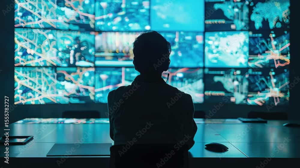 Poster Person working on computer at desk with large monitor display