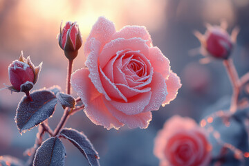 Pink roses in the cold winter, beautiful sunrise, frozen rose flowers