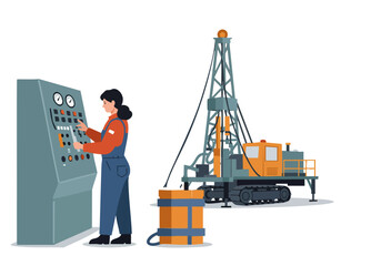 A female technician troubleshoots a mobile drilling rig, monitoring controls. Industrial setting, clear composition, professional focus.