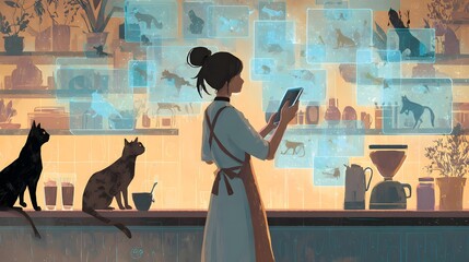A woman in an apron interacts with a digital display of cats in a cozy caf?, with cats nearby