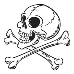 Cartoon Skull and Crossbones Black and White Vector Illustration Isolated