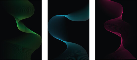 Abstract line wave gradient poster background vector set, Minimalist cover template with vibrant perspective line wave in motion, Ideal design cover, banner, flyer, music, ads.