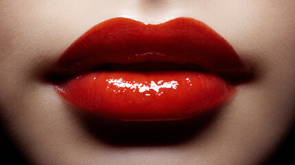 Fototapeta premium Glossy red lips with perfect texture, radiating elegance and allure