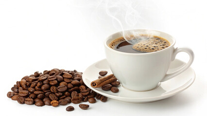 Photo of a steaming cup of coffee with cinnamon stick and coffee beans isolated on white background