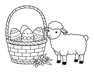 easter basket with lamb outline vector for spring holiday © Anna