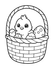 chick in basket with easter eggs outline vector for kids