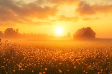 Sunset Over Field of Flowers with House Silhouette in Warm Golden Light