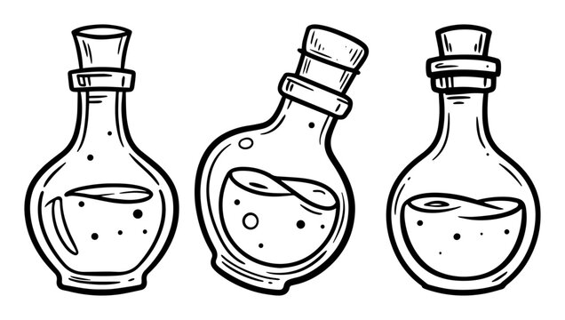 magic potion bottles outline vector for fantasy or alchemy