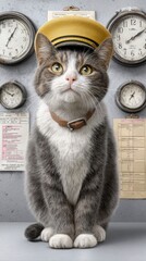 dressed-up cats in vintage professions Cat in a Vintage Captain Hat with Clocks and Timetables Background retro-inspired cat character illustrations historical feline stock concepts