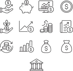 Fototapeta premium Financial profit line icon set. Containing Money income, money savings, earnings, money, cash, investment, financial growth and more. Editable stroke. Vector illustration