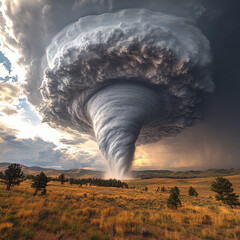 Powerful tornado funnel cloud in motion