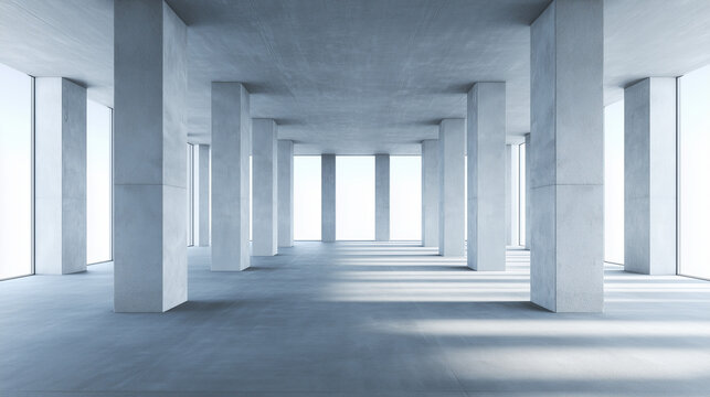 Modern concrete hall with tall columns and glowing windows, embodying minimalist elegance and serene spaciousness
