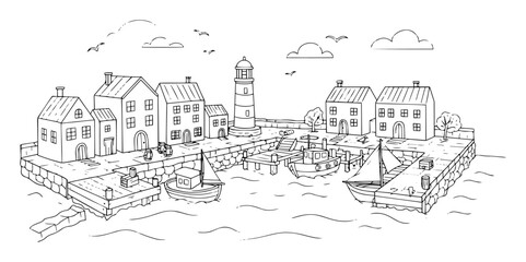seaside village harbor outline vector for travel and landscape