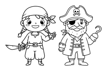 pirate boy and girl outline vector characters for kids
