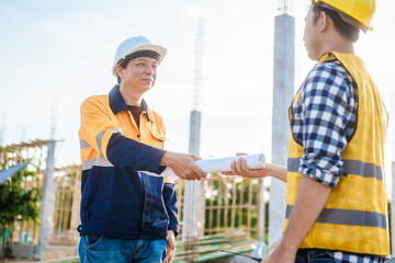 An elderly engineer and a middle-aged man shake hands at a construction site, symbolizing mutual...