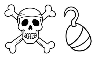 pirate skull and hook outline vector icon for halloween or adventure