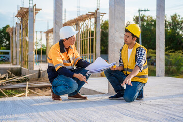 An elderly man and a middle-aged Asian man, both wearing hard hats and reflective vests, closely...