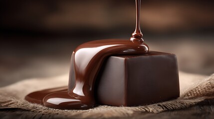 Smooth chocolate piece with shiny chocolate drip pouring over it, creating rich and indulgent dessert experience .