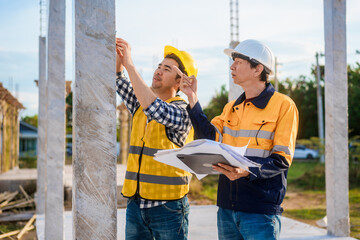 An elderly man and a middle-aged Asian man, both wearing hard hats and reflective vests, closely...