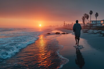 Fototapeta premium A man running on the beach at sunrise