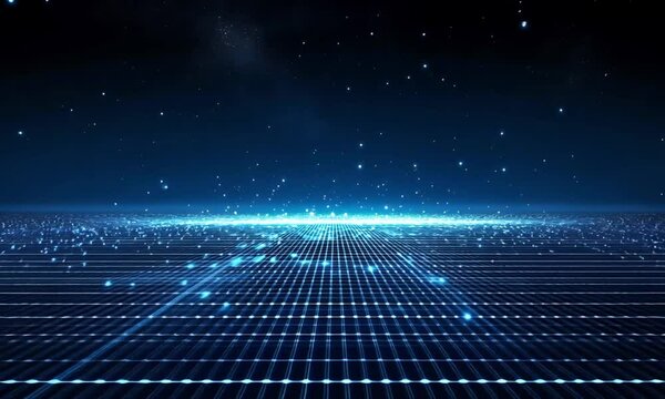 Abstract futuristic background with digital grid and glowing particles animation video loop