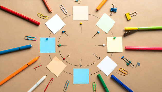 Colorful sticky notes arranged in a circle with markers and paperclips on a brown surface.