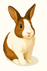 This is a vector-style illustration of a cute brown and white rabbit. The bunny has large upright ears, soft fur, and a gentle expression, sitting calmly on a light background. The clean lineless desi