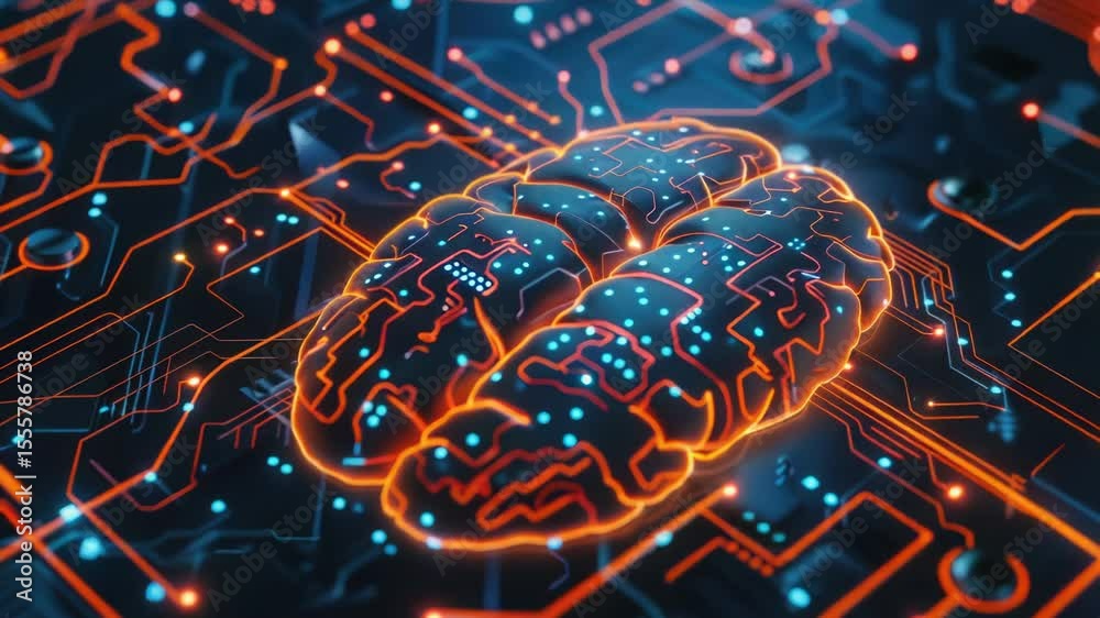 Poster A futuristic illustration of a brain-like component glowing on a circuit board, suitable for technology and innovation-related projects
