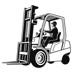 Forklift Truck with Driver Silhouette in Black and White Illustration