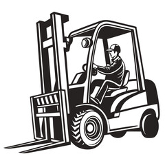 Monochrome Illustration of a Forklift and Driver in a Bold Style