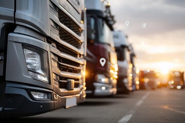 Naklejka premium Trucks lined up at a loading dock during sunset providing a busy transport scene