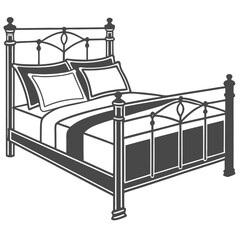Elegant Iron Bed Frame with Pillows and Bedding Illustration