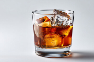 A simple, refreshing amber-hued drink in a rocks glass, filled with large ice cubes, perfect for a clean, minimalist beverage concept.

