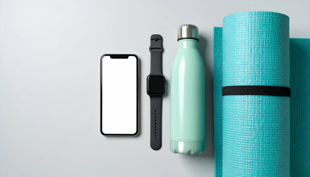 Fitness equipment including a phone smartwatch water bottle and yoga mat on a white surface.