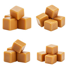 Caramel cubes in various arrangements on white background  