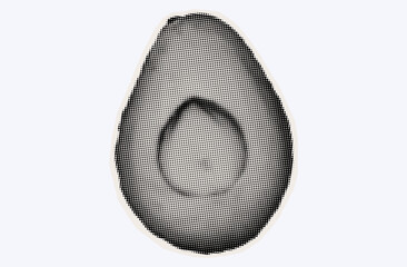 Raw avocado, ripe exotic fruit in halftone modern art style. Cutout from magazine for collage design with grunge texture. Peruvian pear, raw avocado, healthy ingredient. Vector, black and white.