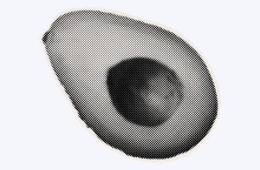 Raw avocado, ripe exotic fruit in halftone modern art style. Cutout from magazine for collage design with grunge texture. Peruvian pear, raw avocado, healthy ingredient. Vector, black and white.