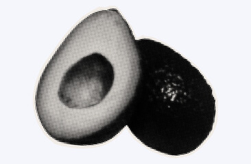 Raw avocado, ripe exotic fruit in halftone modern art style. Cutout from magazine for collage design with grunge texture. Peruvian pear, raw avocado, healthy ingredient. Vector, black and white.