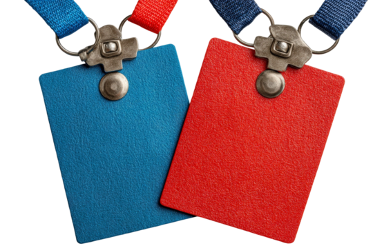 Bright Blue and Red Blank Name Tags with Clip Fasteners Ideal for Event or Conference Identification Use with Colorful Lanyards and Versatile Background Options