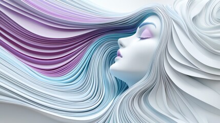 A serene female face with flowing, layered hair in soft pastel shades of purple, blue, and white, creating an abstract, artistic visual, AI Trend