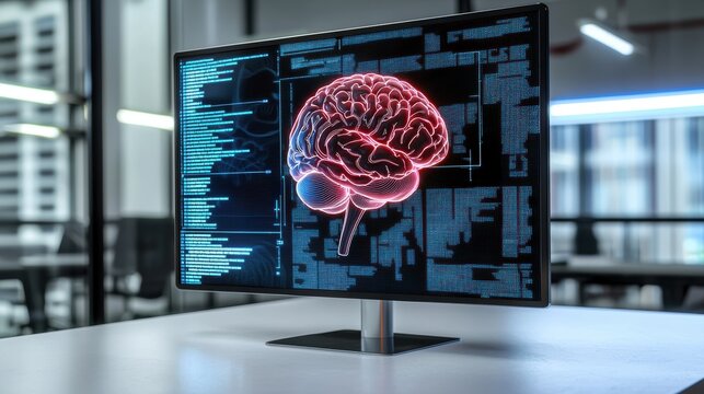 A computer monitor displays a detailed, digital 3D brain model surrounded by complex code and data in a sleek, modern office environment, AI Trend