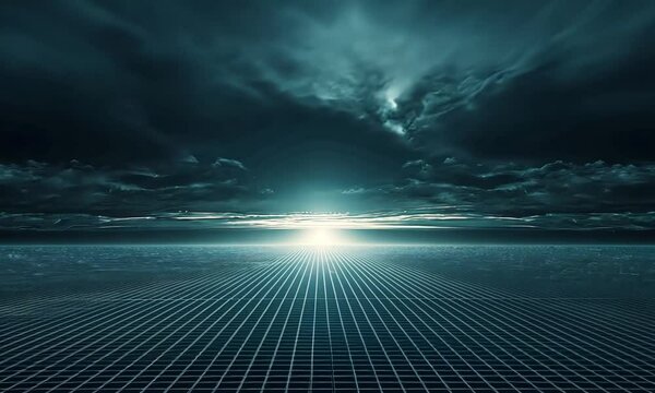 Dark futuristic landscape with grid horizon and dramatic sky for background and wallpaper use