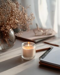 Calm Workspace with Candle and Notes